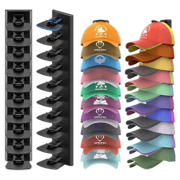 Baseball Cap Storage Rack Wall Mounted - 2-Pack - Holds 40 Caps, Space-Saving Storage and Display Rack - Strong Adhesive Wall Mount - No Drilling Required for Wall and Door Installation (Black)