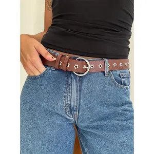 Alstro Faux Leather Flower Studded Belt Brown / Silver