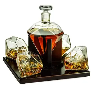 Diamond Whiskey and Wine Decanter, Great Gift! 750ml With 4 Diamond Glasses and Beautiful Mahogany Wooden Holder