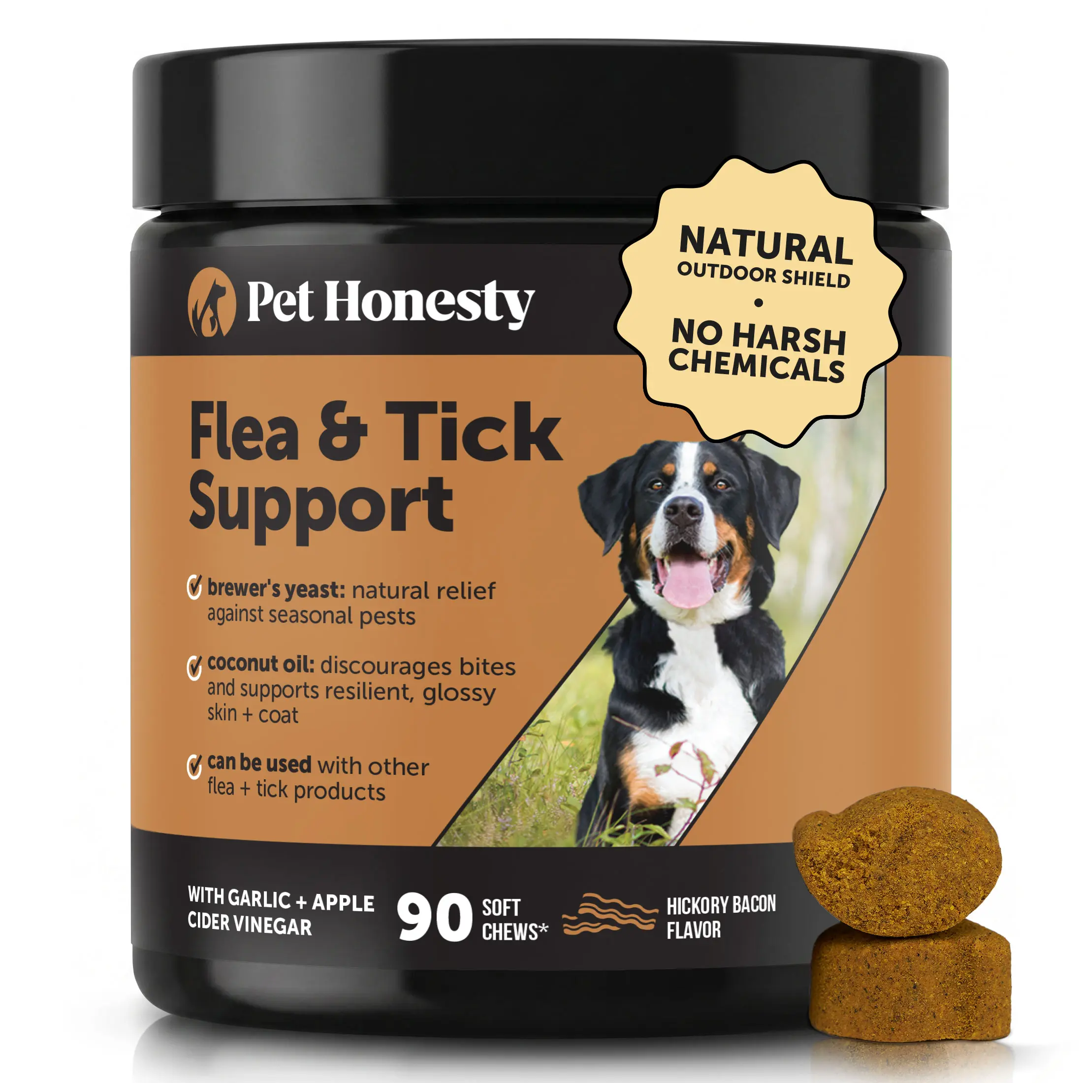 Pet Honesty Flea and Ticks Prevention, Chewable Dog Treats Supplement with Coconut Oil for Skin, Coat & Immune Health Support - Hickory Bacon 90 Chews