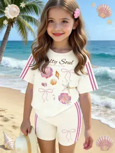 Young Girl Summer Set, Cute Ocean Theme, Shell & Bow Pattern, Loose Round Neck Tee, Tight Bike Shorts, Beachwear, Casual Style, Children, Summer Outfits Set