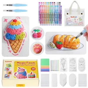 RuiHawk 75 Pcs Magic Foam Texture Painting Kit for Girls 4-12, 3D Effect DIY Bubble Drawing Pens, Puffy Magic Paint Set with Acrylic Markers & Foam Sheets, Safe & Portable Art Supplies