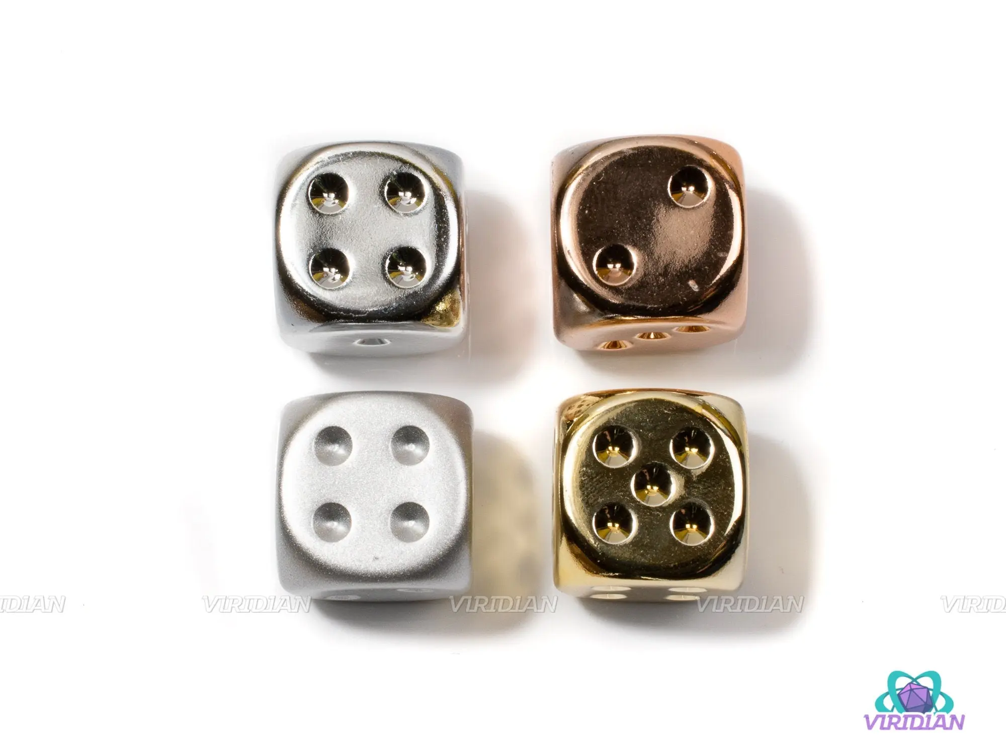 Metal Plated Pipped D6s | Set of (4) 16mm D6s, Acrylic Core | Gold, Aluminum, Silver, Copper | Chessex