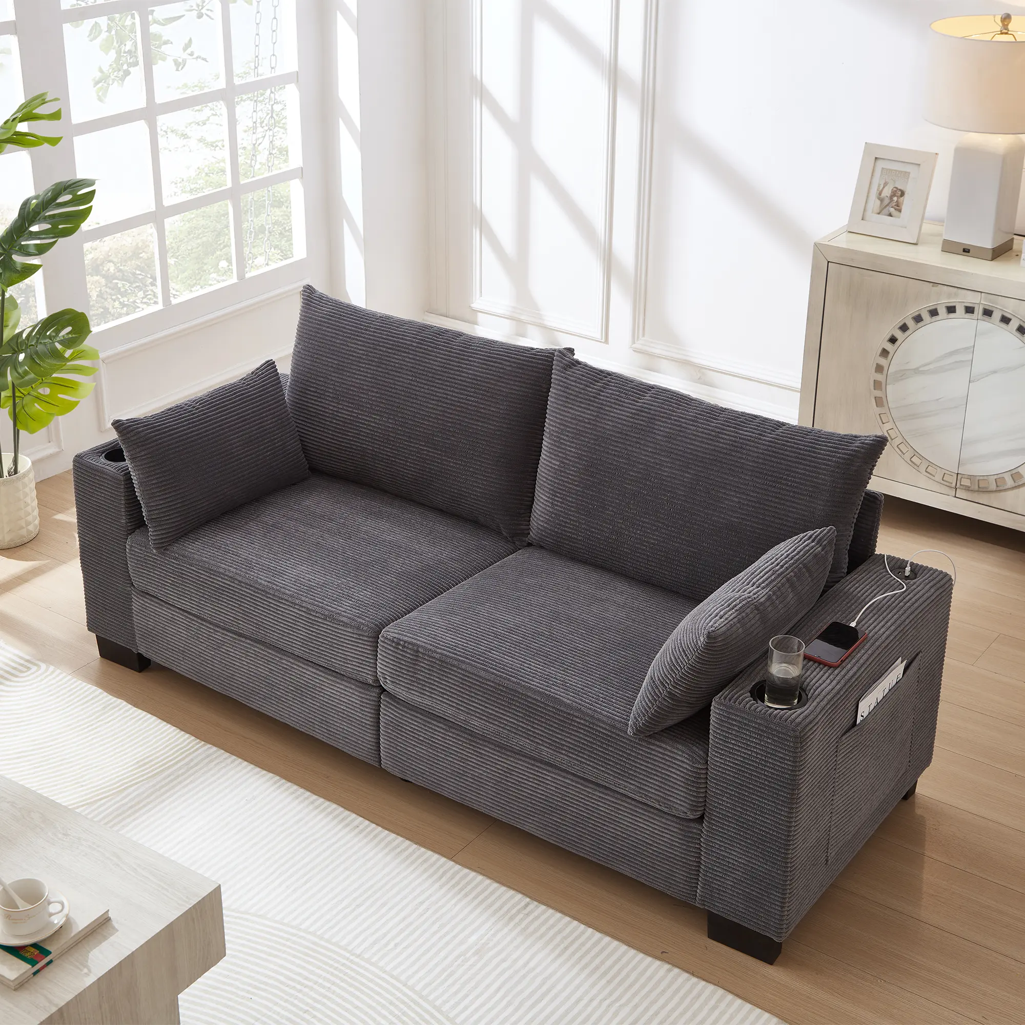 [Bellemave] 78"Corduroy Sofa for Living Room, Modern Upholstered Couch with USB,Cup Holders and Side Pocket, 2-Seater Sofa for Living Room, Apartment