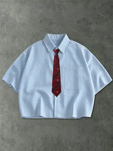 Men's Blue And White Striped Cropped Shirt With Decorative Red Tie, Korean Style Loose Short Sleeve Button-Up Top, Summer Casual Streetwear Blouse
