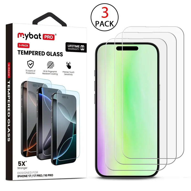 MyBat Pro Tempered Glass Screen Protector 2.5D 3-Pack for Apple iPhone 17 iPhone 17 Pro 16 Pro Clear 5X Stronger