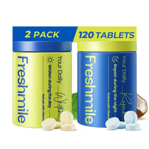 Freshmile Fluoride-Free Mint Toothpaste Tablets Mouthwash for Adults - Non Fluoride Mouthwash, Xylitol, Nanohydroxyapatite, Day/Night Formulas, Mouth Care, Brightening, Antibacterial, Vitamin B5, Tooth Repair, Breath Freshener