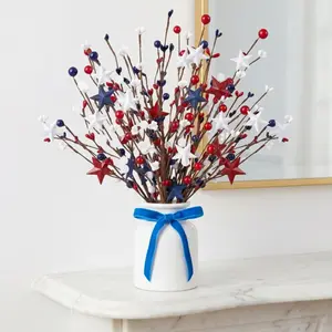 4 Pack Patriotic Artificial Berry Stem Picks White Blue Red Stars for 4Th of July Independence Day Pentagram Faux Berry Branches Decoration for Home Office Restaurant Vase Decoration