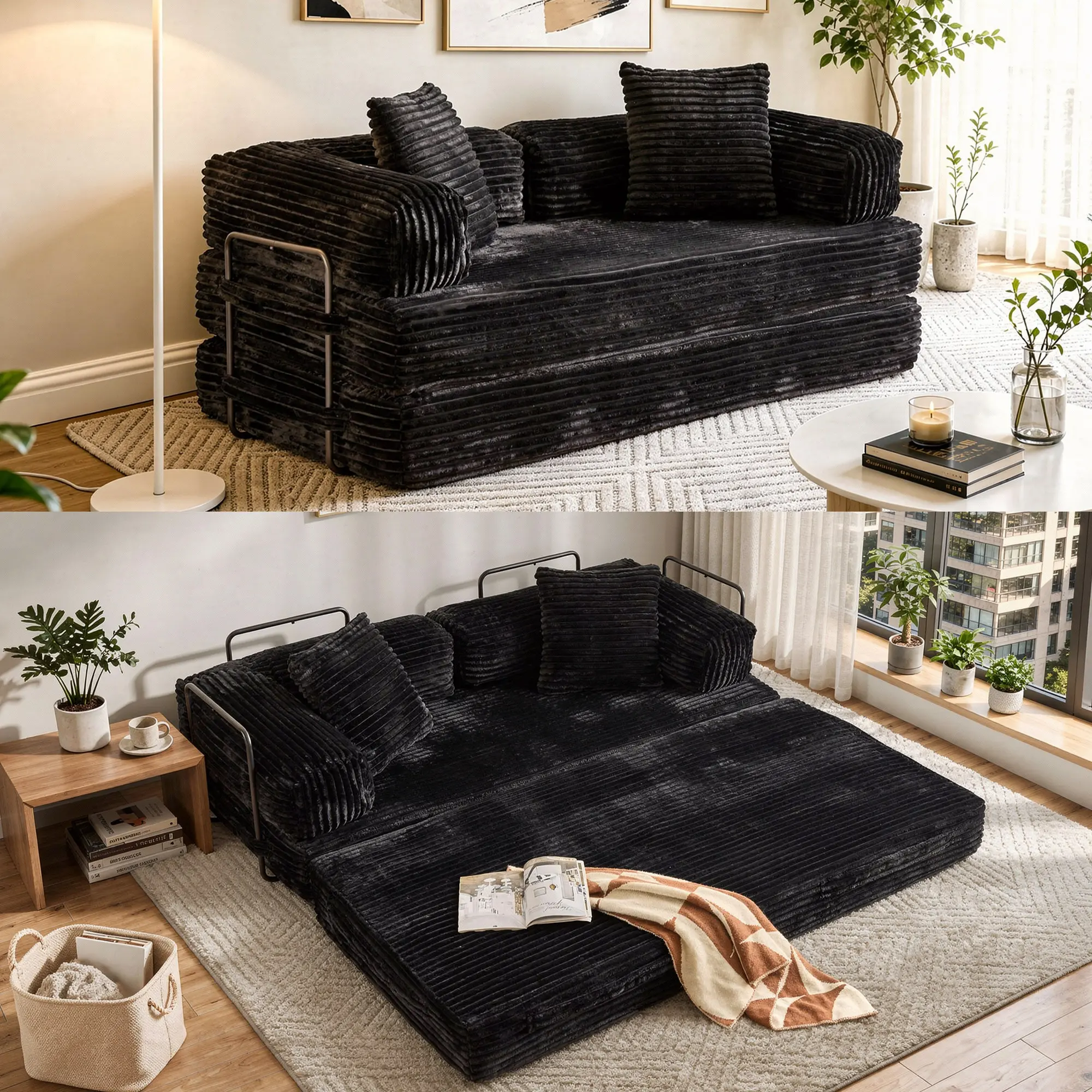 CAODOC Boneless Foldable Sofa Bed 2-in-1 Sectional Loveseat Sofa Couch Convertible Floor Sofa Bed with Pillow Back Support Armrest Comfy Foldable Sofa Bed Compressed Sofa in Box Corduroy Fabric for Living Room Bedroom,Free Combination
