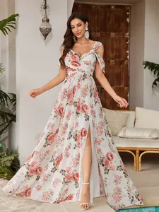 Women's V-Neck off Shoulder Fitted Maxi Dress, Elegant Bohemian Floral Print Chiffon Gown, High Split Backless Formal Wear Party Dress, Random Flower Pattern, Boho