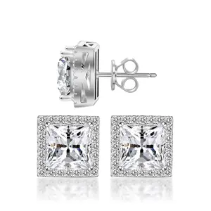 S925 Princess Halo Synthetic Moissanite Stud Earring Daily Costume Jewelry Accessories Perfect Birthday Wedding Anniversary Gifts for Women Wedding Set Hypoallergenic Party