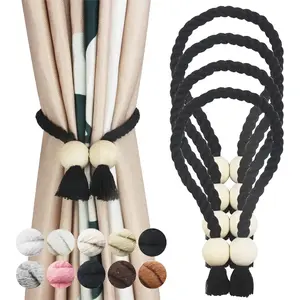 4 Pack Black Magnetic Curtain Tiebacks Cotton Hand Woven Decorative Holdback for Drapes with Wooden Buckle No Tools Required