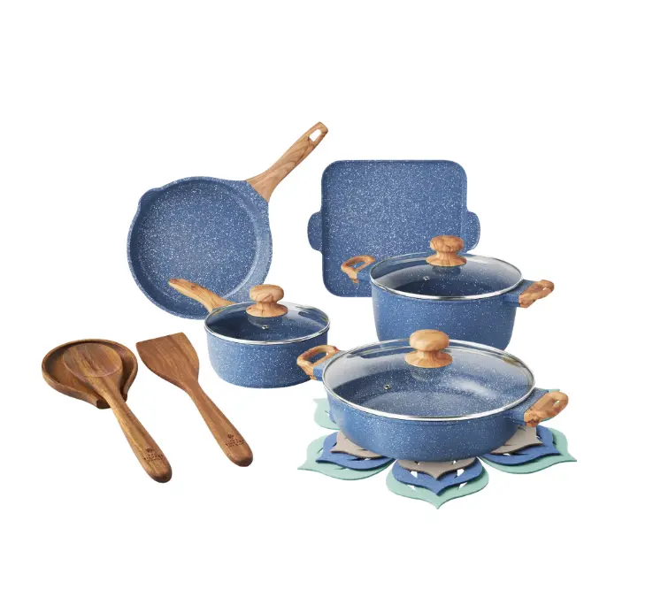 The Pioneer Woman Prairie Signature 14-Piece Cast Aluminum Cookware Set, Blue The Pioneer Woman Prairie Signature 14-Piece Cast Aluminum Cookware Set, Blue