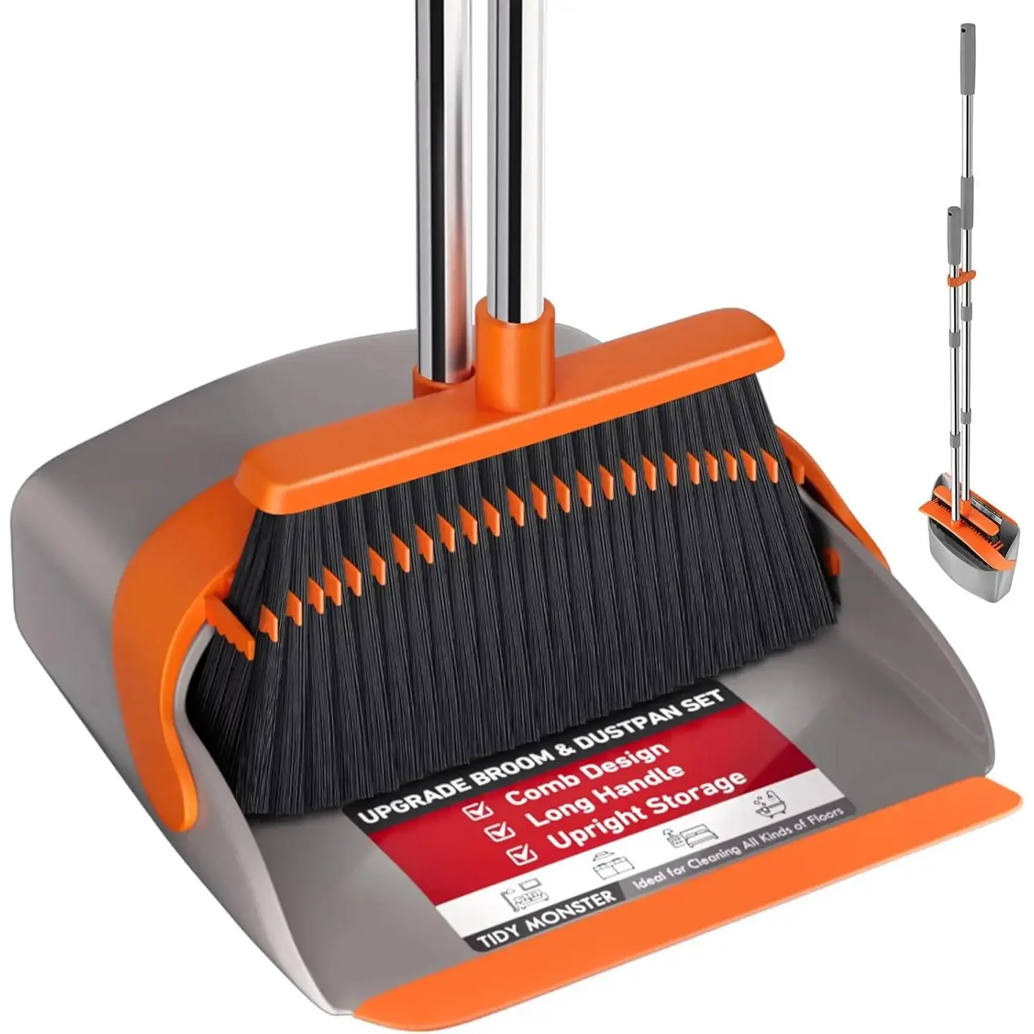 Broom and Dustpan Set,Large Upright Broom and Dustpan with 52inch Long Handle, Dustpan Teeth Have Self-Cleaning Function, Suitable for Indoor and Outdoor Use