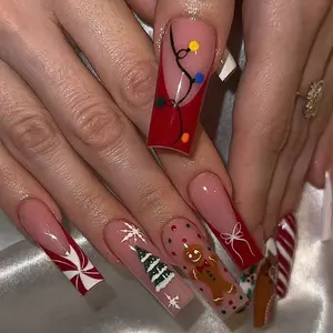 Christmas 24pcs Long Square French Press-On Nails, Gingerbread Man & Christmas Tree Design, Glossy Acrylic False Nails for Women and Girls