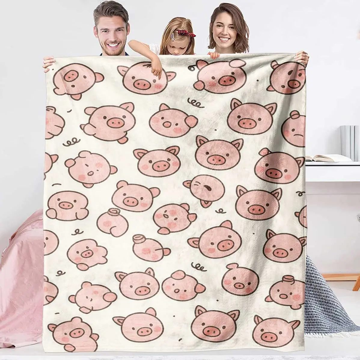 1pc cartoon pink piglet print blanket is warm, comfortable, skin-friendly, soft, machine washable, suitable for office, home, travel, camping sofa and bed, suitable for all seasons, flannel blanket