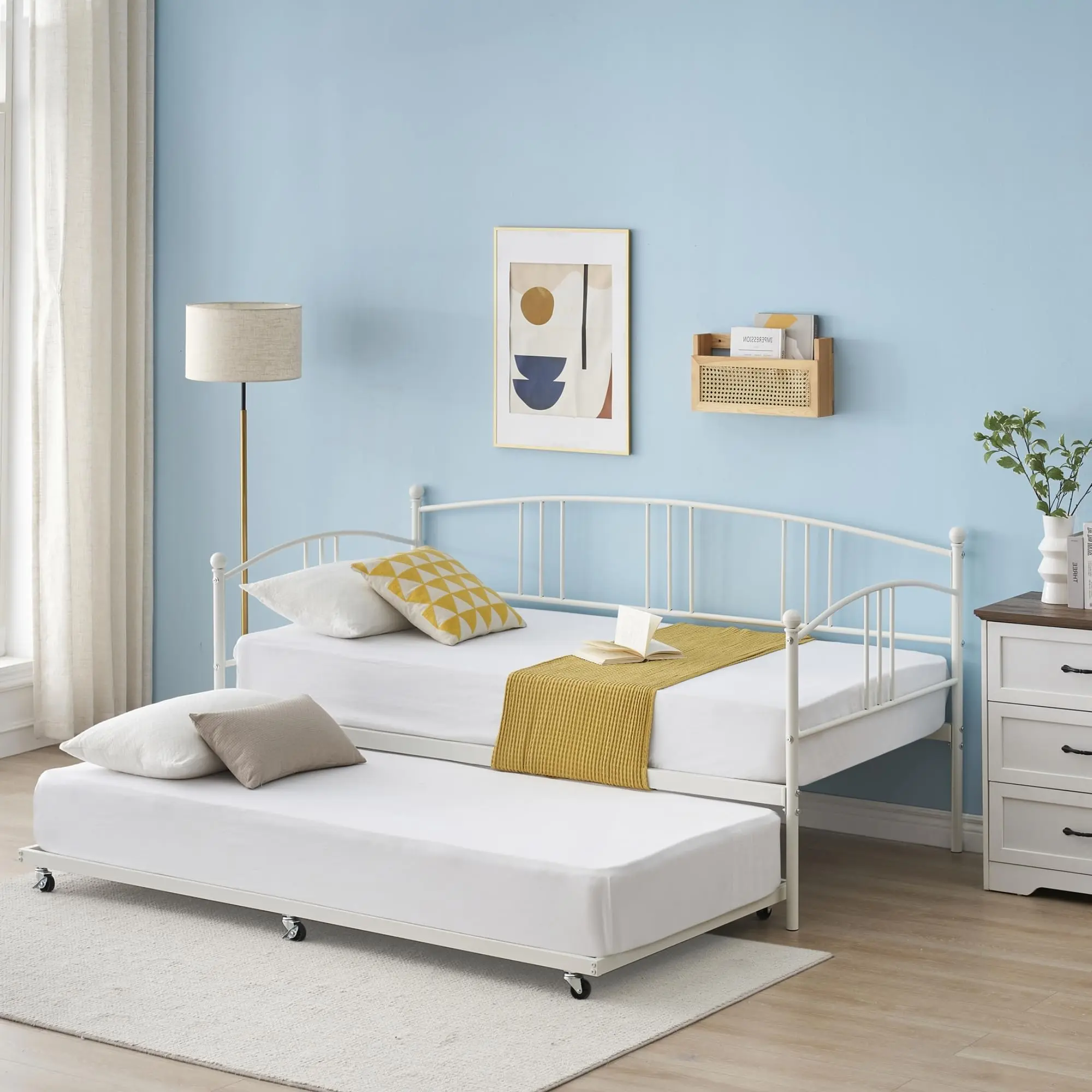 Gaomon Multi-Functional Twin Daybed with Pull-Out Trundle, Modern Metal Frame Sofa Bed, Modern Platform Bed with Steel Slat Support, Quick Setup for Living Room, Bedroom, Slatted Bed Base