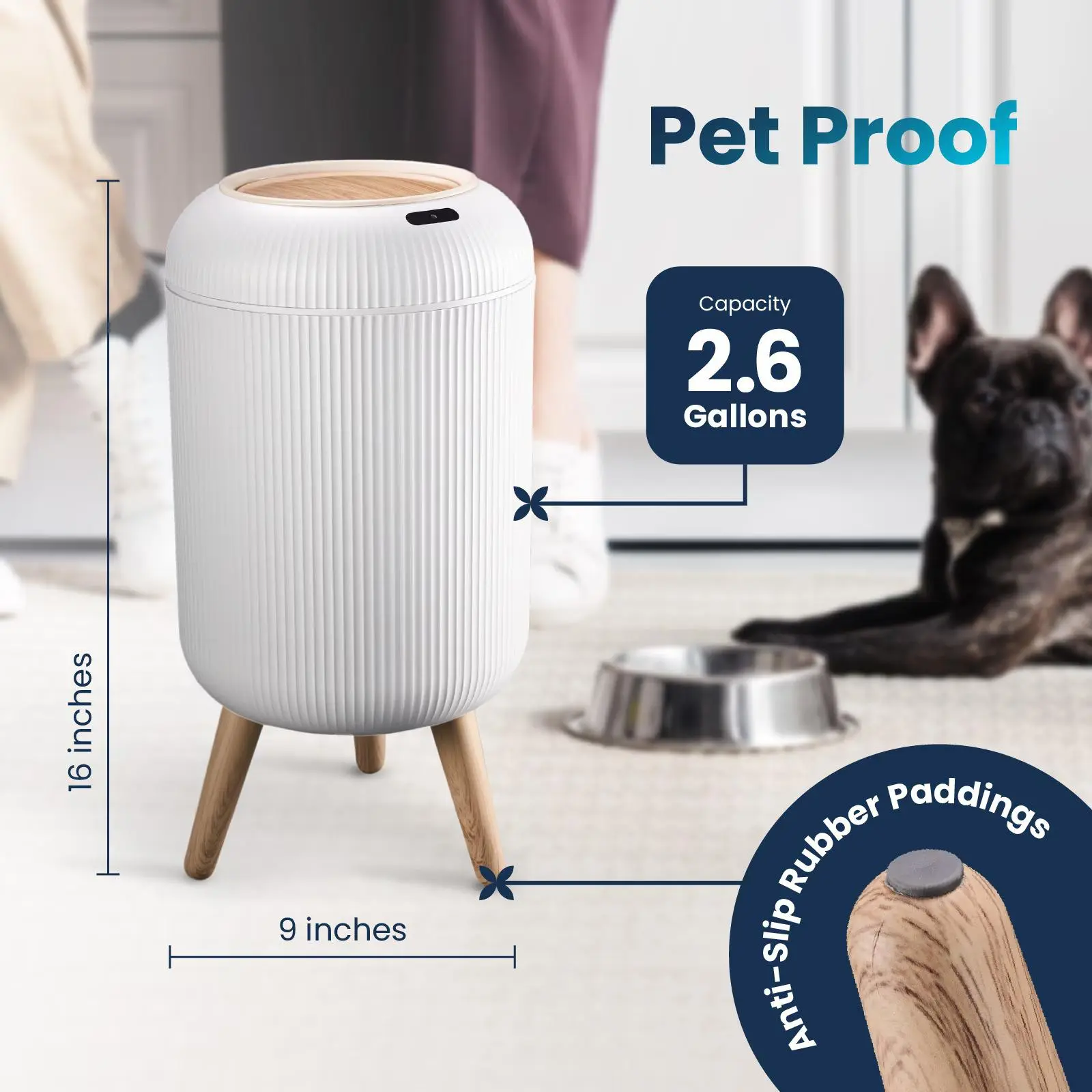 Liba Touchless Motion Sensor Trash Can - 2.6 Gallon White Automatic Bathroom & Kitchen Garbage Can with Nordic Modern Design, Hands-Free Waste Bin