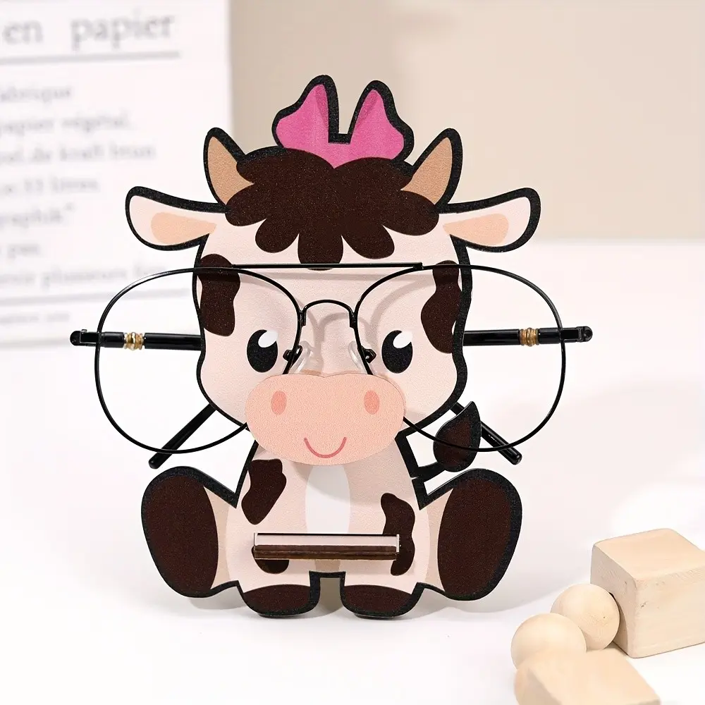 1 wooden bow cow eyeglass holder, cute animal eyeglass holder, bedside table and office desk decoration, eye storage for desk and office desk, fun home decoration, Cute Accessories Desk, Desk Accessory