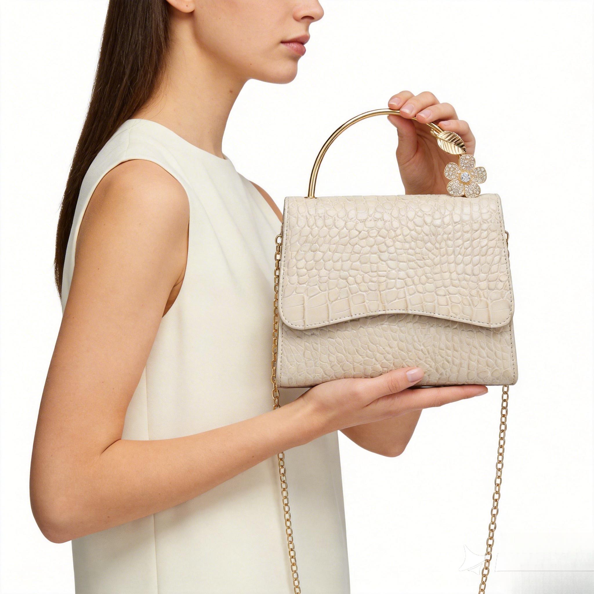 Elegant White Textured Leather Handbag with Rhinestone Flower, Luxury Chain Clutch for Wedding & Party