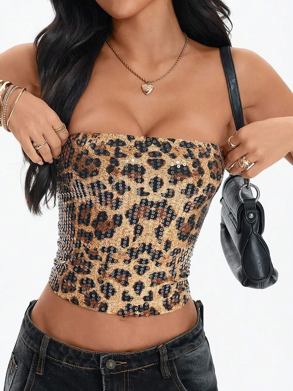 Women's Vintage Leopard Print Sequin Tube Top, Y2K Sexy Top, Autumn Halloween Costume Vacation Summer