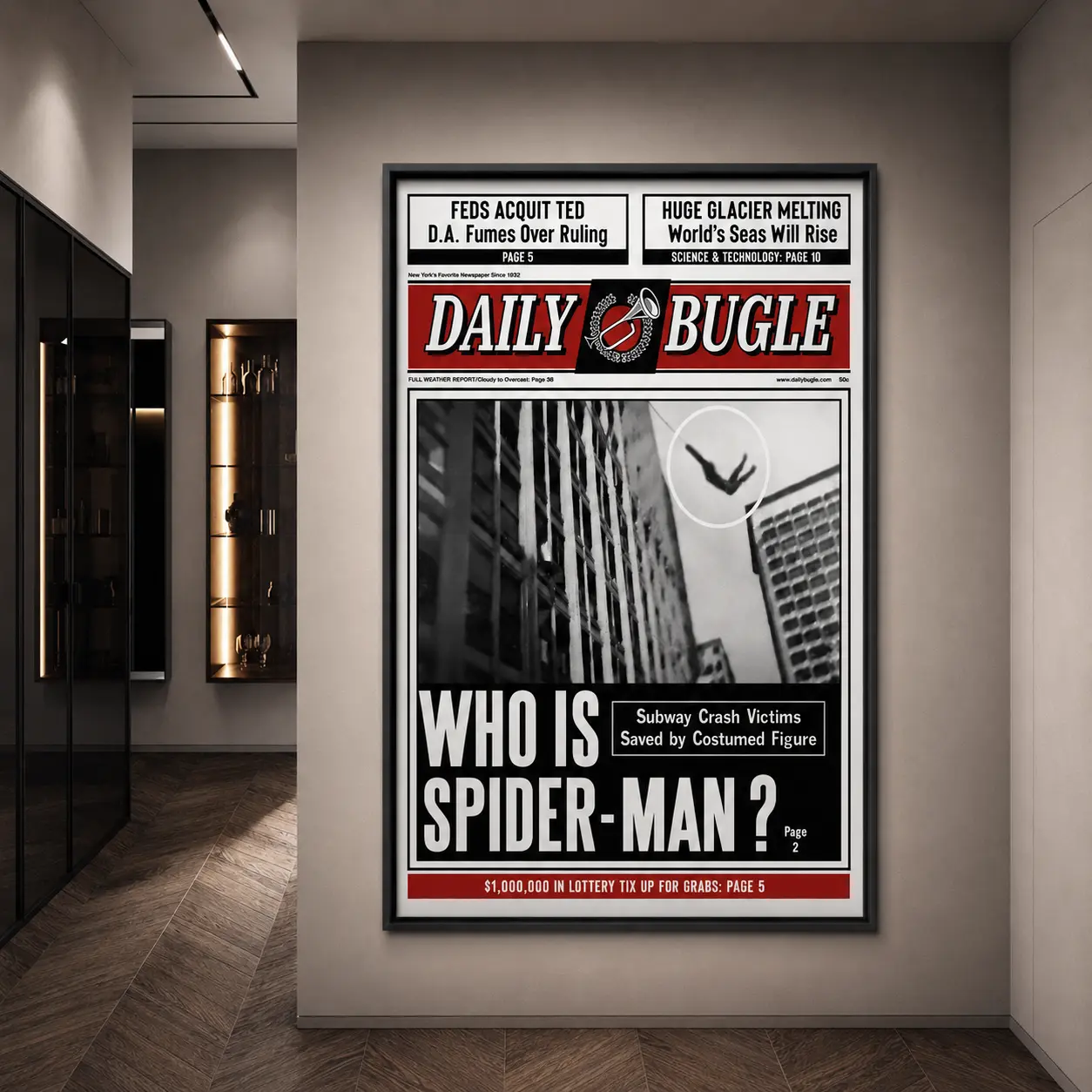 Retro black-white-red newspaper style superhero framed canvas, Daily Bugle classic industrial aesthetic wall print. Cool vintage vibe decor for apartment, bedroom and living room, edgy statement piece for urban modern home interiors.