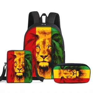 Vibrant 3-Piece Lion Backpack Set with Red-Yellow-Green Rasta Colors, Reggae-Inspired Lion Print School Bag + Crossbody Bag + Pencil Case, Oxford Cloth Adjustable Strap Daypack