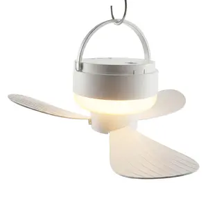 Portable USB-Rechargeable Ceiling Fan with LED Light & Hanging Strap – Cordless 3 Detachable Blades Tent Fan for Camping, Dorm & Bedroom