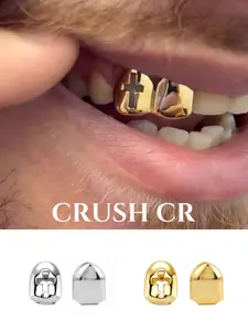 CRUSH CR 18K Gold Plated Cross Hollow-Out Shield Single Tooth Cap Set, Teeth Cover Girls, Gold/ Silver Options, for Music Festivals, Themed Parties and TikTok Photoshoots, Y2K Aesthetic Outfits, Durable Plating Resists Tarnish