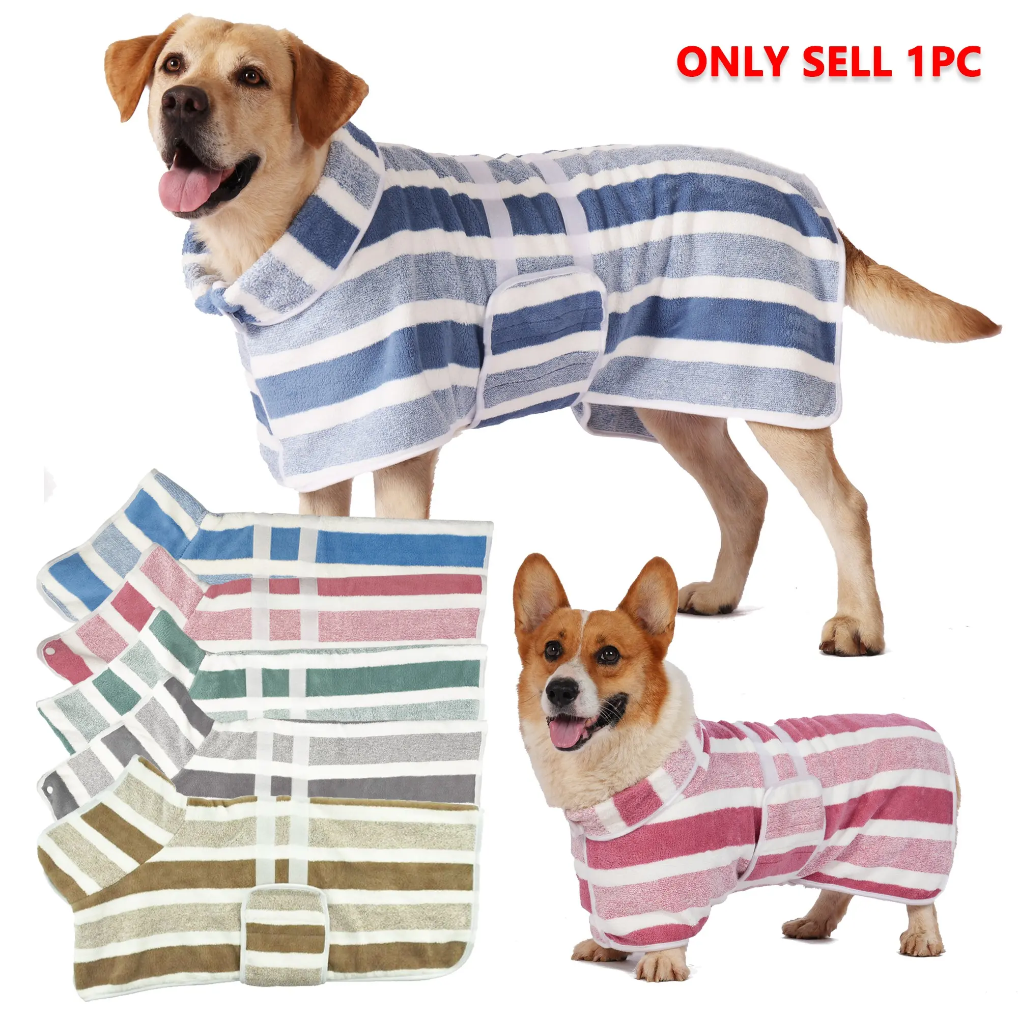 Quick-Dry Dog Bathrobe, 1 Count Striped Super-Absorbent Pet Robe with Adjustable Waistband, Ultra-Soft Fabric Morning Wear, Supplies