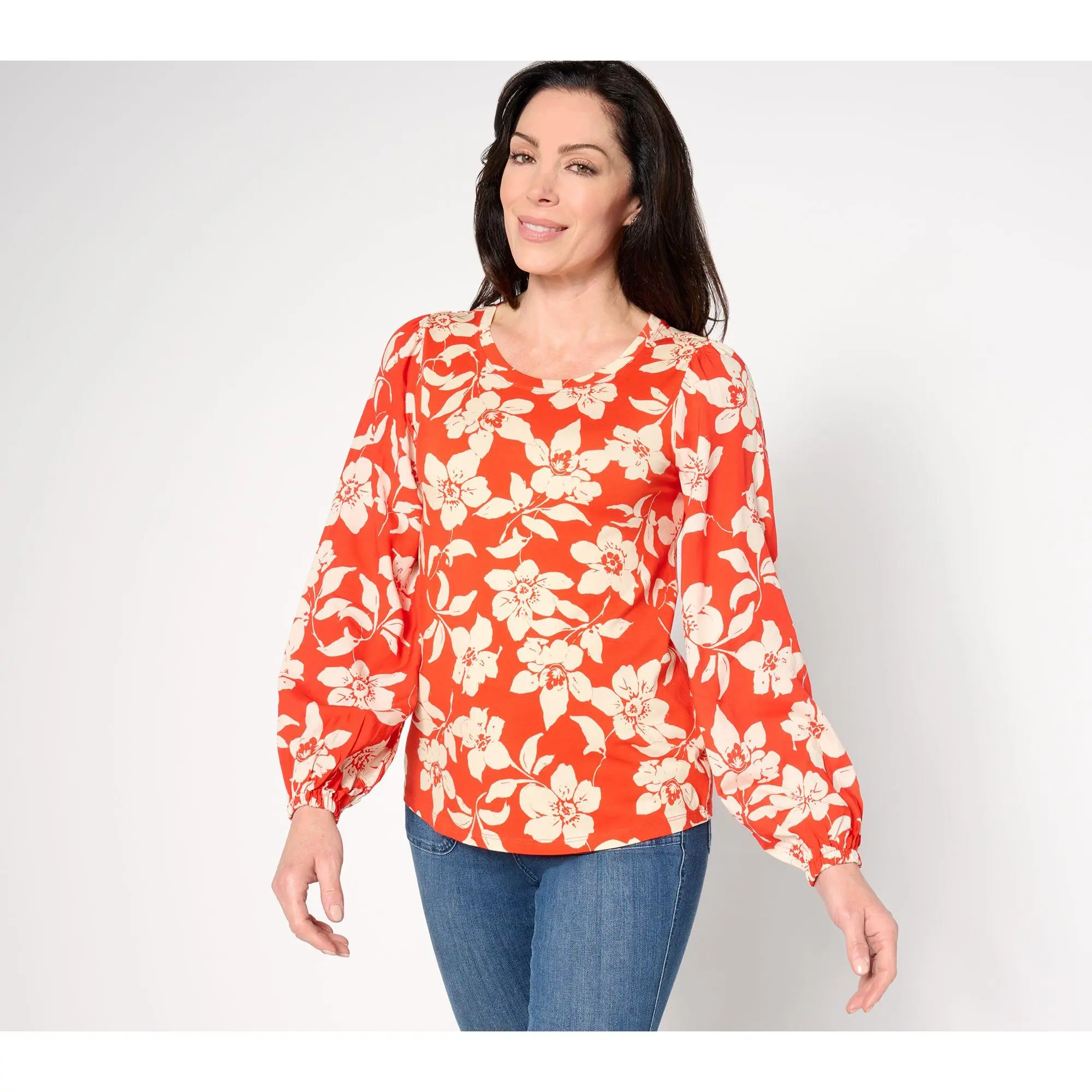 AnyBody Cozy Knit Mixed Media Printed Blouse