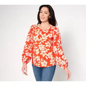 AnyBody Cozy Knit Mixed Media Printed Blouse