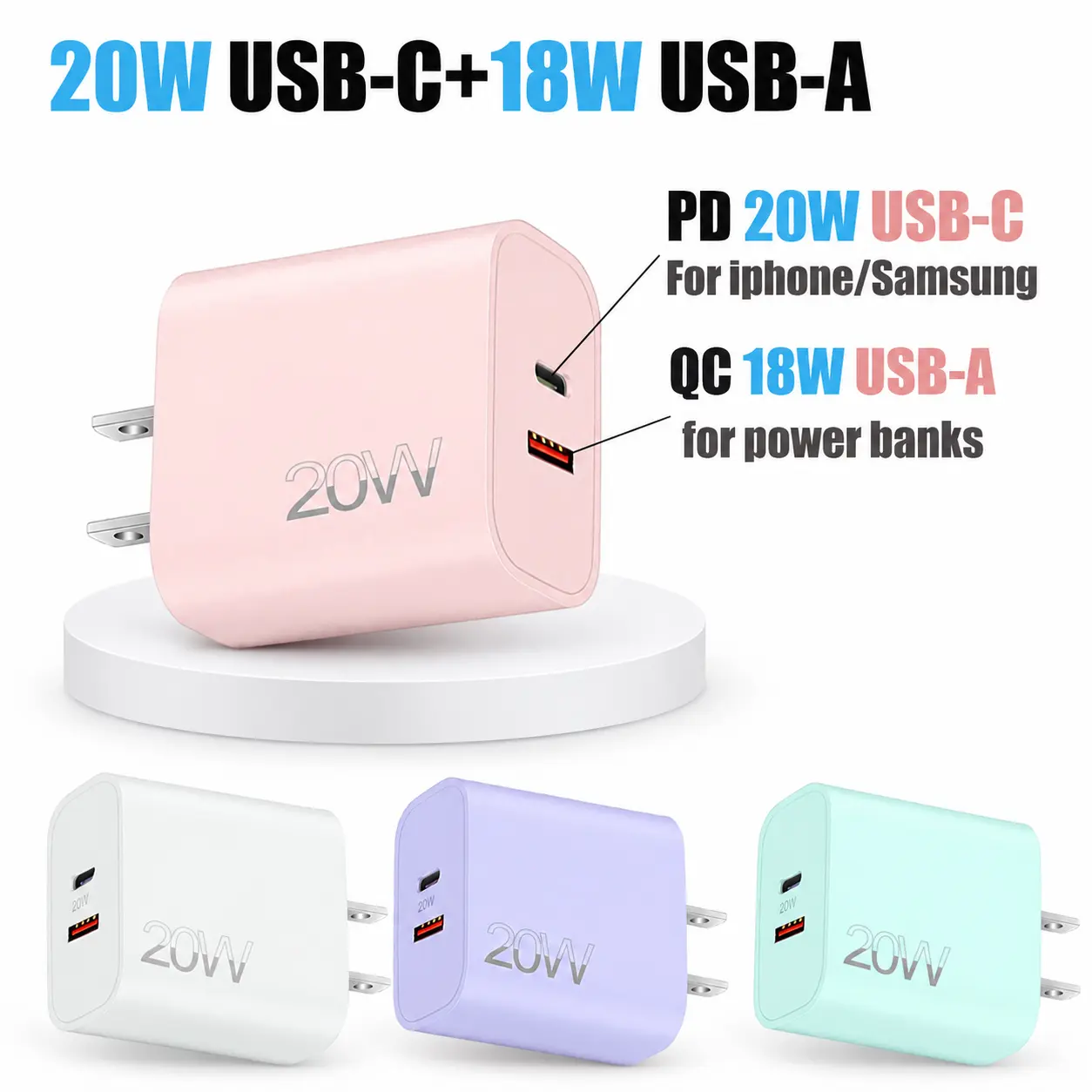 4-Pack Assorted-Color iPhone Chargers: Wall Chargers with Fast Charging, 20W PD USB-C + 18W QC USB-A Adapters, Type-C Travel Adapters, Compatible for iPhone 17/16/15/14/13/12/11, iPad, and Other Devices