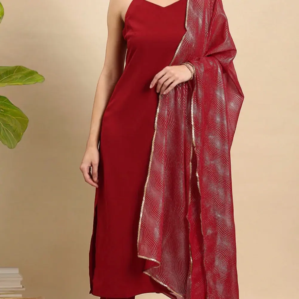 Maroon Crepe solid straight Kurta with Pant and Dupatta