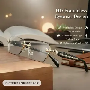 Rimless Glasses HD Vision Clear Lens Eyewear Diamond Cut Edges Stainless Steel Temple Decor Lightweight Unisex Adults for Computer Daily Use Mens Gifts