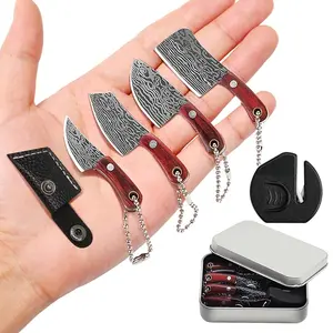 Mini Damascus Pattern Keychain Knife Set - 4PCS EDC Pocket Knives with Leather Sheaths & Storage Tin, Small Utility Knives for Package Opening, Gift for Men