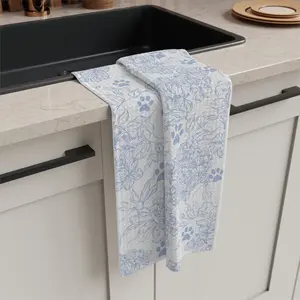 VAWT Merch Blue Flower Dog Paw Print Microfiber Tea Towel, French Floral Animal-Themed Hand Towel for Cleaning, Animal-Themed Hand Towels