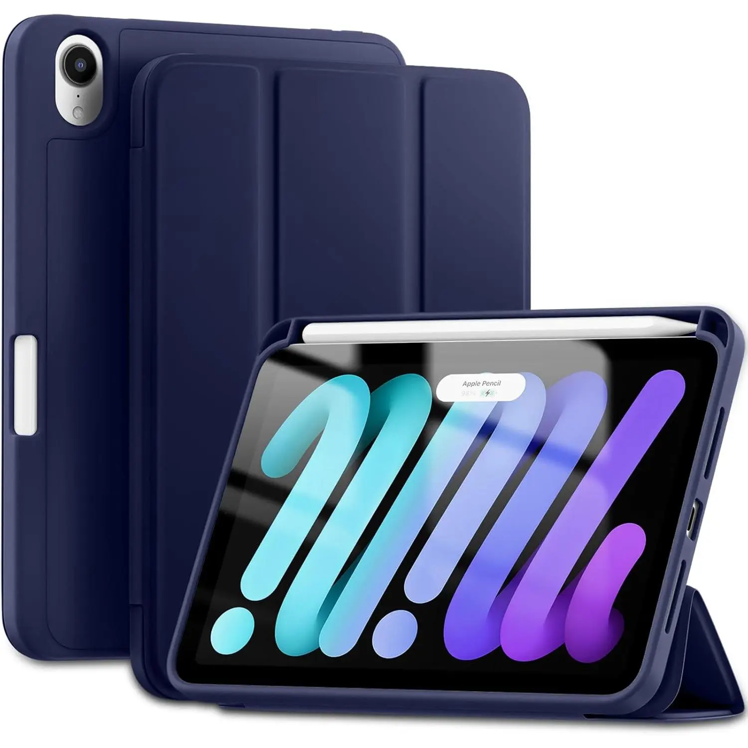 for iPad Mini 7/6 Case 2024/2021 (A17 Pro), for iPad Mini 7th/6th Generation Case 8.3 Inch with Pencil Holder, Slim Trifold Stand Cover with Soft TPU , Auto Sleep/Wake, Navy