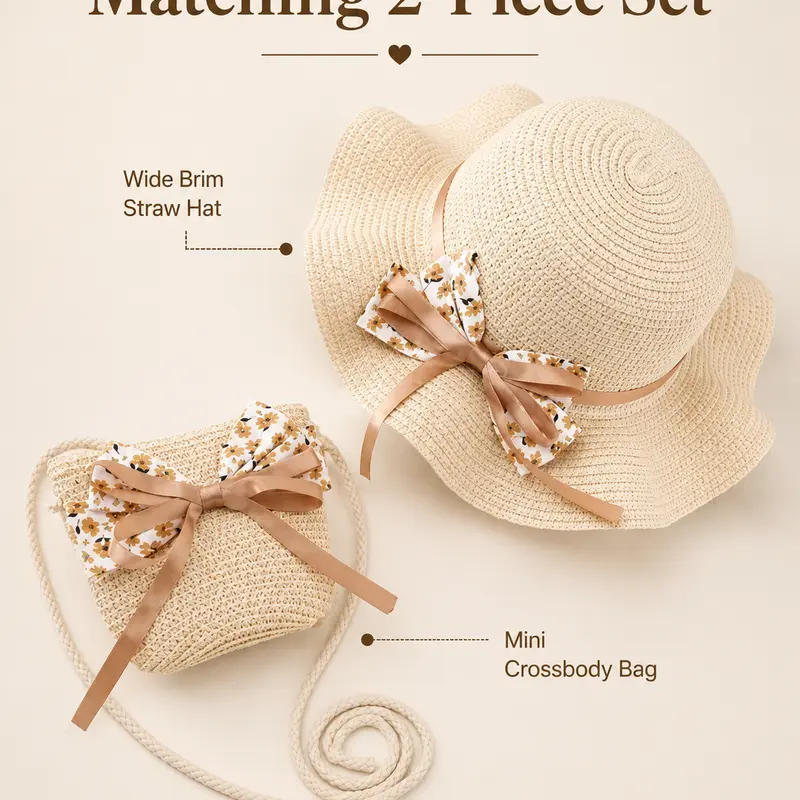 Toddler Girls' Cute 2-Piece Straw Hat & Bag Set - Braid Accent, Bow-Top Charm, Princess Touch, Sun Protection, Cool for Summer Beach & Travel Outfits
