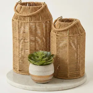 Natural Jute Boho Lanterns - Handcrafted Coffee Table Decor to Enhance Your Home - Modern Decorative Farmhouse Beauty for Any Living Room, Patio & Porch, I