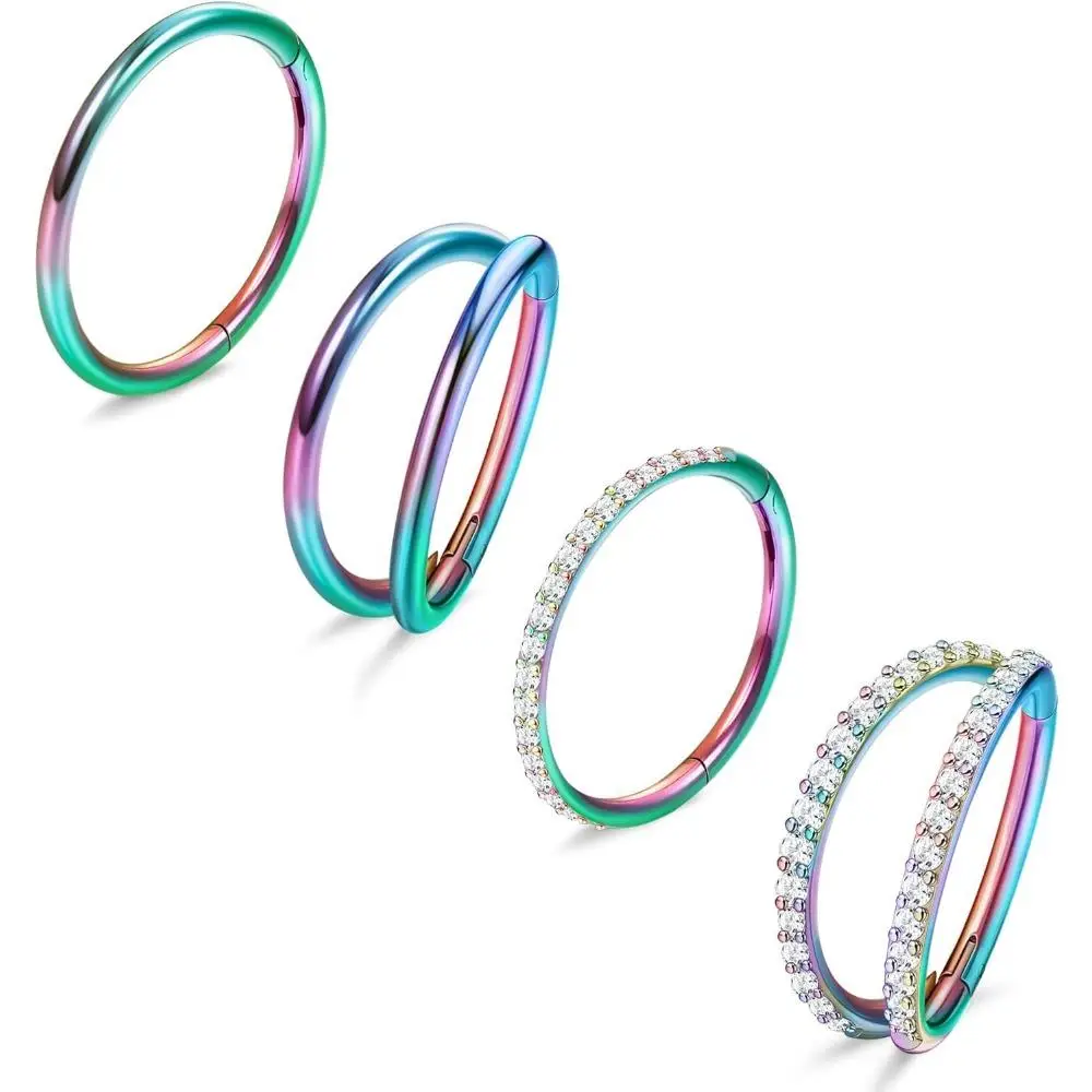 FLORIDECO 3-4PCS Surgical Steel 18G Nose Rings Hoops Earrings Tragus Septum Piercing CZ Clicker Septum Ring Hinged Segment Septum Conch Lip Cartilage