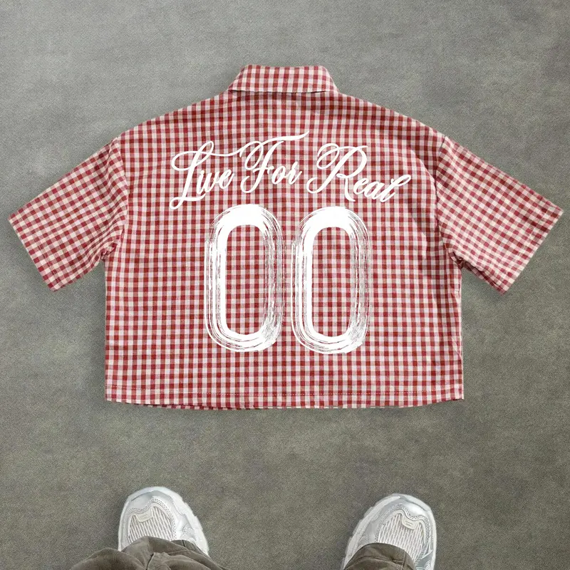 Unisex Gingham Gothic Print Box-Fit Cropped Button-Up Shirt, Men's and Women's Casual Summer Streetwear Printed Cropped Tops