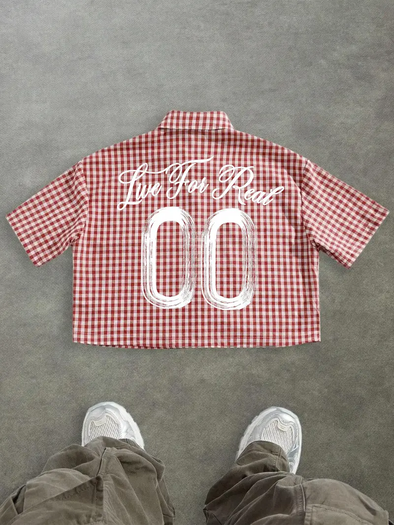 Unisex's Casual Fashion Gingham Street Checkered Graffiti Gothic Print Box-Fit Cropped Button-Up Shirt Men's Cropped Tops