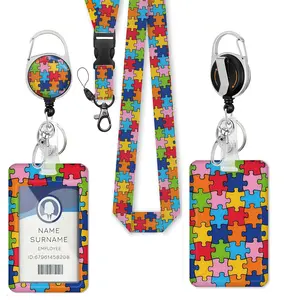 3-Piece Colorful Puzzle Keychain ID Badge Clip Set with Extendable Reel, Autism Puzzle Keychain, Ideal for Keys, Ids, Nurse Teacher Gifts