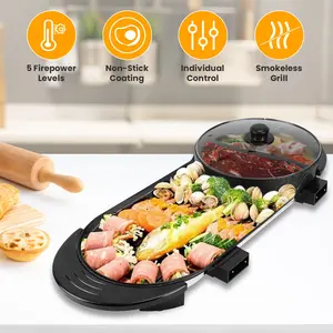 Dual-Electric 2 in 1 Hot Pot & Grill Combo 2200W Rapid-Heat 3.7 QT Non-Stick Separate Temp Control Apartment-Friendly Party Cooker with 5 Firepower Levels