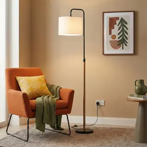 Arc Floor Lamp Cylinder Shade Curved Standing Light for Living Room Bedroom Reading Office Wooden Pole 110V