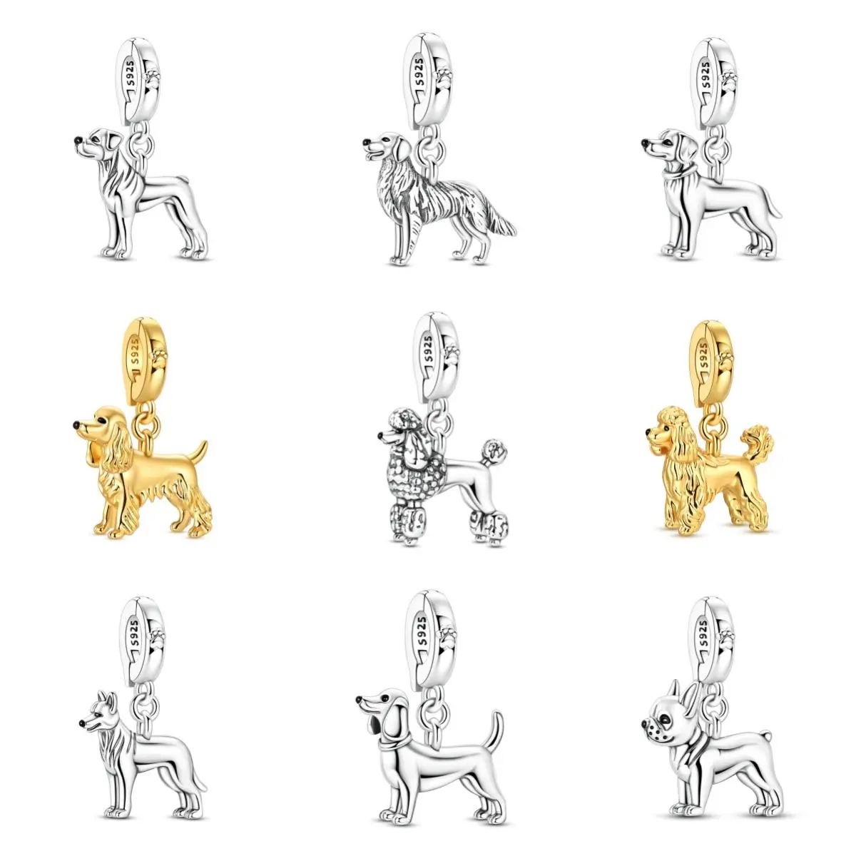 MULA 925 Sterling Silver Dog Pendant – French Bulldog, Dachshund, Poodle, Golden Retriever, German Shepherd, etc., 14K gold-plated pet commemorative jewelry, a gift for dog lovers, compatible with Pandora bracelets.