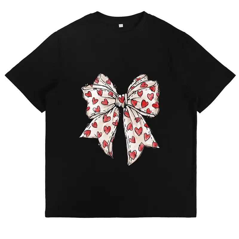 Heart Print Bow Graphic Tee Cute Valentine Themed T Shirt Casual Daily Wear Gift For Teens Trendy Y2K Graphic Tee For Women Stylish Love Apparel Romantic Valentine Shirt