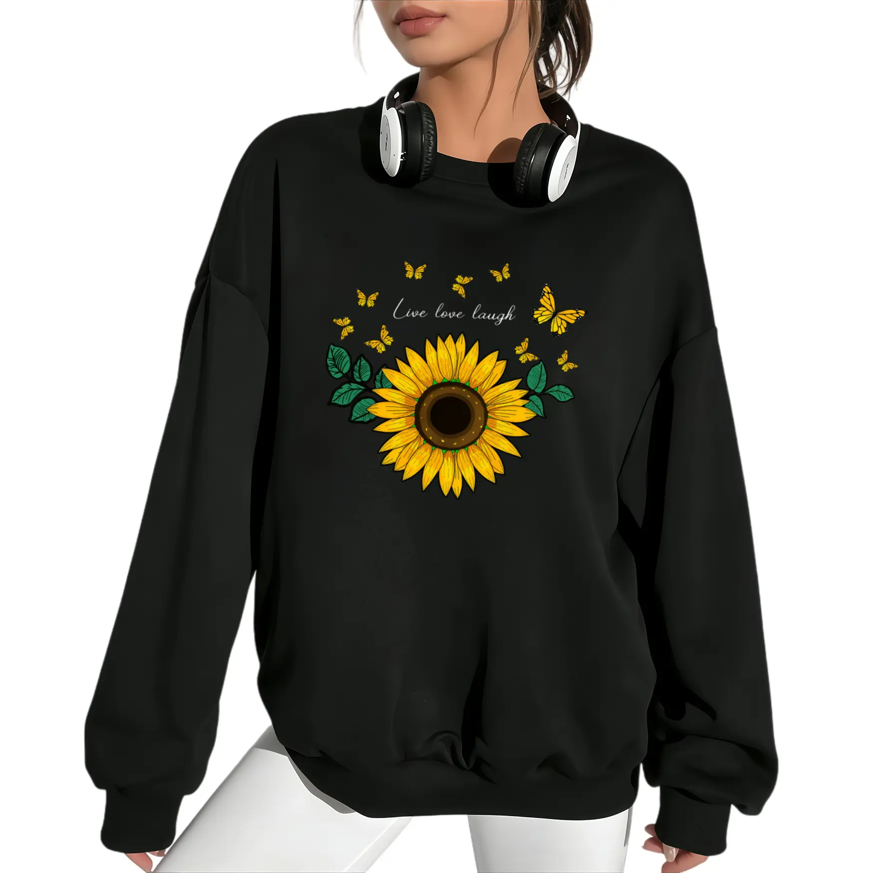 Women's Oversized Long Sleeve Crew Neck Sweatshirt with Sunflower & Butterfly Print, Live Love Laugh Text – Perfect Spring & Summer Gift Fabric Womenswear