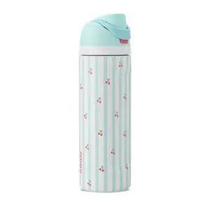 Owala FreeSip Stainless Steel Insulated Water Bottle – Mint Green Stripes with Cherry Print, Leak-Proof Flip Lid with Built-In Straw, Double-Wall Vacuum, Cute BPA-Free Reusable Sports Bottle 24/32oz